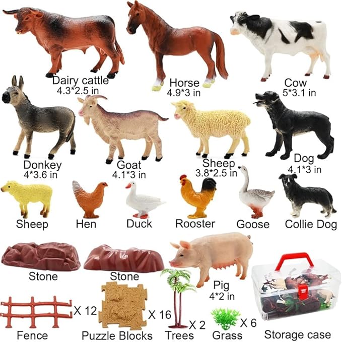 Farm Animal Figurines, Realistic Plastic Animals Toys with Fences Building Blocks, Farm Figures Playset Educational Birthday Gift for Kids & Toddlers, 53 PCS-PurrikoPets