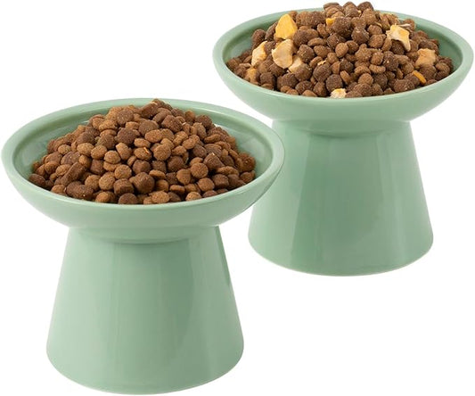 Extra Wide Elevated Ceramic Cat Bowl, 6.2" Shallow Dish for Whisker Fatigue Relief, 5" Height for Easy Feeding, Durable Raised Cat Food Bowls, Pack of 2, Sage Green-PurrikoPets