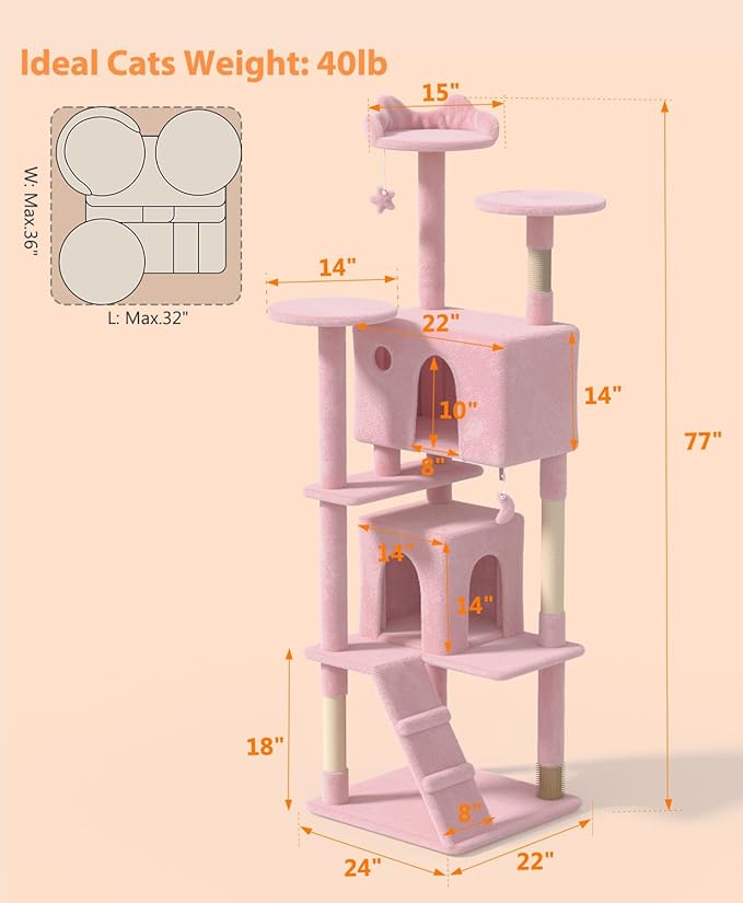 77'' Cat Tree Tower for Indoor Cats Large Adult, Cute/Tall Modern Cat Tree for Big Cats 20 lbs, Plush Multi-Level Cat Condo with Scratching Posts,Dangling Ball (Soft Pink, 77 inch)-PurrikoPets