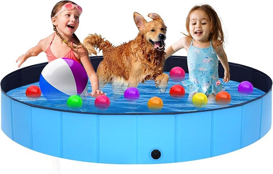 Foldable Dog Pool - 63" x 12" Anti-Slip Portable Dog Swimming Pool, Hard Plastic Collapsible Kiddie Pool for Outdoor and Indoor for Pets Dogs Cats and Kids-PurrikoPets