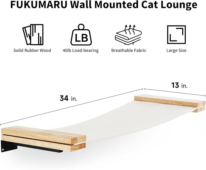 FUKUMARU Cat Wall Furniture, 34 x 13 inch Cats Hammock Shelves, Rubberwood Kitten Window Perch, Easy DIY Installation-PurrikoPets