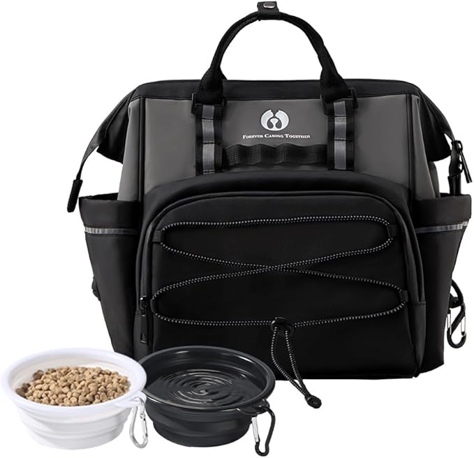 Dog Travel Bag, Airline Approved Pet Supplies Backpack, Dog Travel Backpack Accessories Set with 2 Silicone Collapsible Bowls and 1 Leash Clip for Camping, Road Trips & Weekends Away（Black）-PurrikoPets
