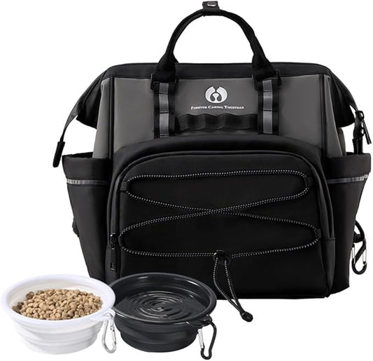 Dog Travel Bag, Airline Approved Pet Supplies Backpack, Dog Travel Backpack Accessories Set with 2 Silicone Collapsible Bowls and 1 Leash Clip for Camping, Road Trips & Weekends Away（Black）-PurrikoPets
