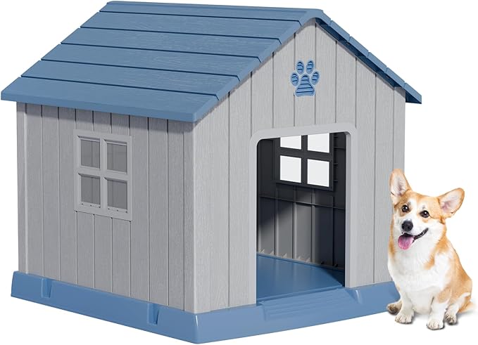 Dog House Indoor Outdoor for Small to Large Sized Dogs Resin Outdoor Dog House with Ventilation Puppy Shelter with Elevated Floor, Easy to Assemble, Blue-PurrikoPets