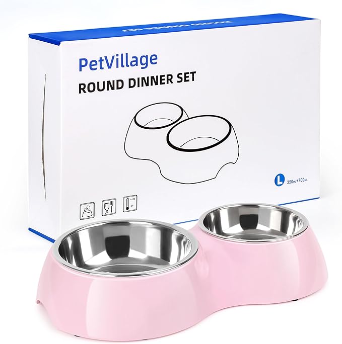 Elevated Dog Bowls Set - Non-Slip Raised Pet Feeder with Medium (10 oz) & Large (20 oz) Stainless Steel Bowls - Includes Durable Resin Stand for Puppies, Adult Dogs & Cats - Pink-PurrikoPets