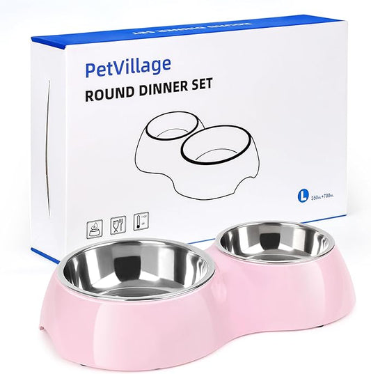 Elevated Dog Bowls Set - Non-Slip Raised Pet Feeder with Medium (10 oz) & Large (20 oz) Stainless Steel Bowls - Includes Durable Resin Stand for Puppies, Adult Dogs & Cats - Pink-PurrikoPets