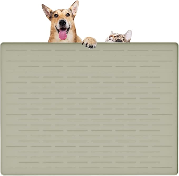 32" x 24" Large Pet Food Mat, Silicone Dog Mats for Food and Water, Nonslip Pet Feeding Mats for Floors,Dog Cat Bowl Mat with Raised Edges, Gray Green-PurrikoPets