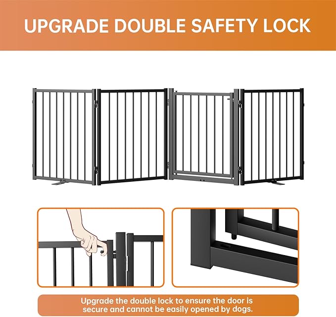 Full Metal Freestanding Dog Gate with Door, 24'' Height Foldable Pet Dog Fence for Indoor & Outdoor, 4 Panels Extra Wide Free Standing SmallDog Gates for Doorways,House,Stairs,Porch,Deck,Yard-PurrikoPets