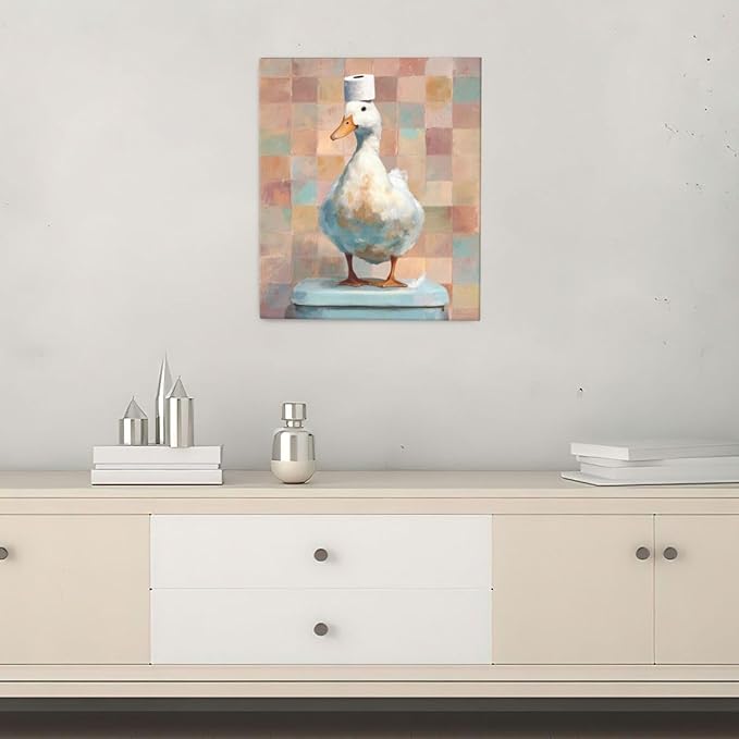 Funny Duck Bathroom Wall Art Cute Duck on Toilet Canvas Wall Decor Funny Quirky Farm Animal Pictures Painting Print Framed Artwork Decorations Gifts for Bathroom 20"x24"-PurrikoPets