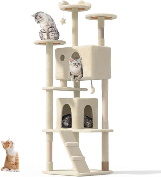 77'' Cat Tree Tower for Indoor Cats Large Adult, Cute/Tall Modern Cat Tree for Big Cats 20 lbs, Plush Multi-Level Cat Condo with Scratching Posts, Dangling Ball for Fun Play (Beige, 77 inch)-PurrikoPets