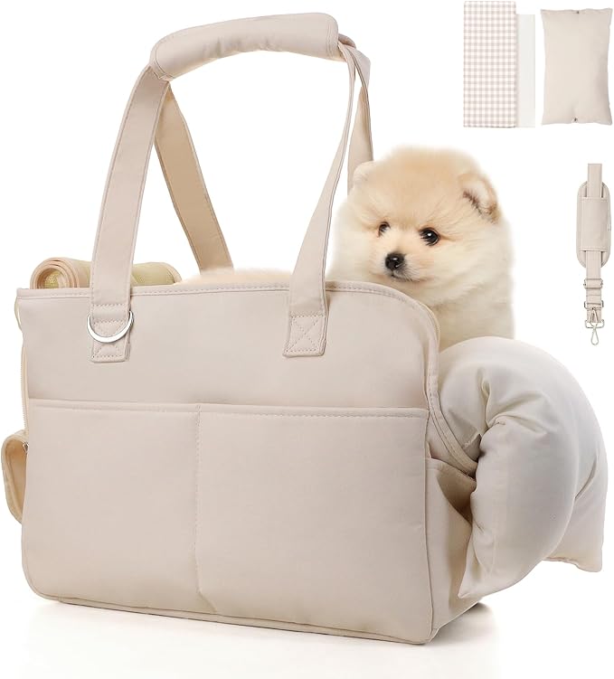 Dog Purse Carrier for Small Dogs, Soft Soft Sided Folding Dog Carriers for Small Dogs Medium Cats Puppies up to 15 Lbs, Washable Breathable Puppy Carrier for Outdoor Travel (Large Beige)-PurrikoPets