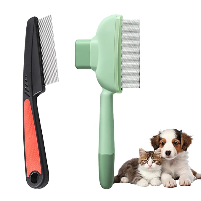2PCS Flea Comb for Dogs & Cats，flea Comb for Cats with Release Button Self-Cleaning，lice comb for Shedding Pet Hair-PurrikoPets