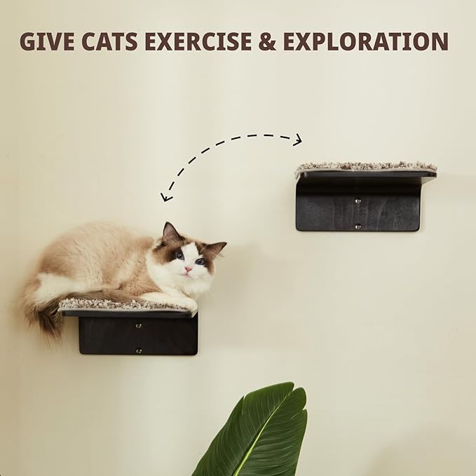 2 Set Cat Wall Steps - Wooden Cat Climbing Shelf for Wall - Cats Wall Stairs with Scratching Mat - Wall Mounted Cats Furniture for Jumping, Playing, and Lounging, Walnut-PurrikoPets