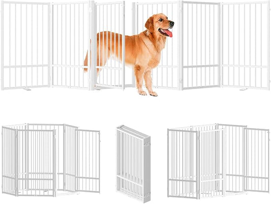 Full Metal Freestanding Dog Gate with Door, 36''Height Foldable Pet Dog Fence for Indoor & Outdoor, 6 Panels Extra Wide Free Standing TallDog Gates for Doorways,House,Stairs,Porch,Deck,Yard-PurrikoPets