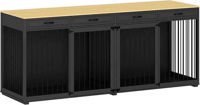 Extra Large Dog Crate with Double Rooms, 93" Heavy Duty Wooden Dog Cage Furniture Dog Crate Kennel w/Drawers & Removable Divider,Indoor Luxury Dog House for Large Dogs,Black-PurrikoPets