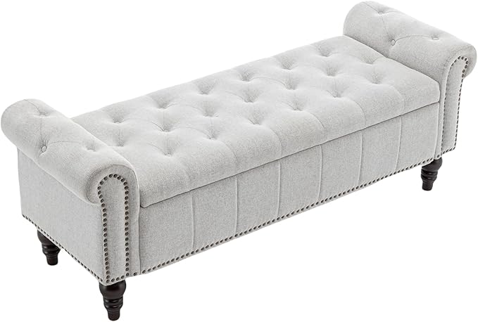 58’’ Storage Bench for Bedroom, Upholstered Button-Tufted Ottoman with Solid Wood Legs, Queen Size End of Bed Shoe Cabinet, Window Seat Foot Rest Stool for Entryway, Living Room (Silver)-PurrikoPets