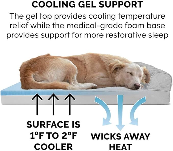 Furhaven Cooling Gel Dog Bed for Large Dogs w/ Removable Bolsters & Washable Cover, For Dogs Up to 95 lbs - Two-Tone Plush Faux Fur & Suede L Shaped Chaise - Stone Gray, Jumbo/XL-PurrikoPets