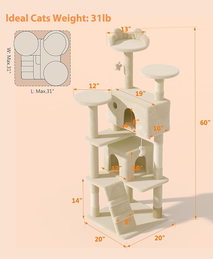 60'' Cat Tree Tower for Indoor Cats Large Adult,Cute/Tall Modern Cat Tree for Big Cats 20 lbs, Plush Multi-Level Cat Condo with Scratching Posts, Dangling Ball Indoor (Beige, 60 inch)-PurrikoPets