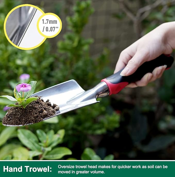 ESOW Garden Tool Set with Non-Slip Rubber Handle, 3 Piece Cast-Aluminum Heavy Duty Gardening Kit Includes Hand Trowel, Transplant Trowel and Cultivator Hand Rake, Red-PurrikoPets