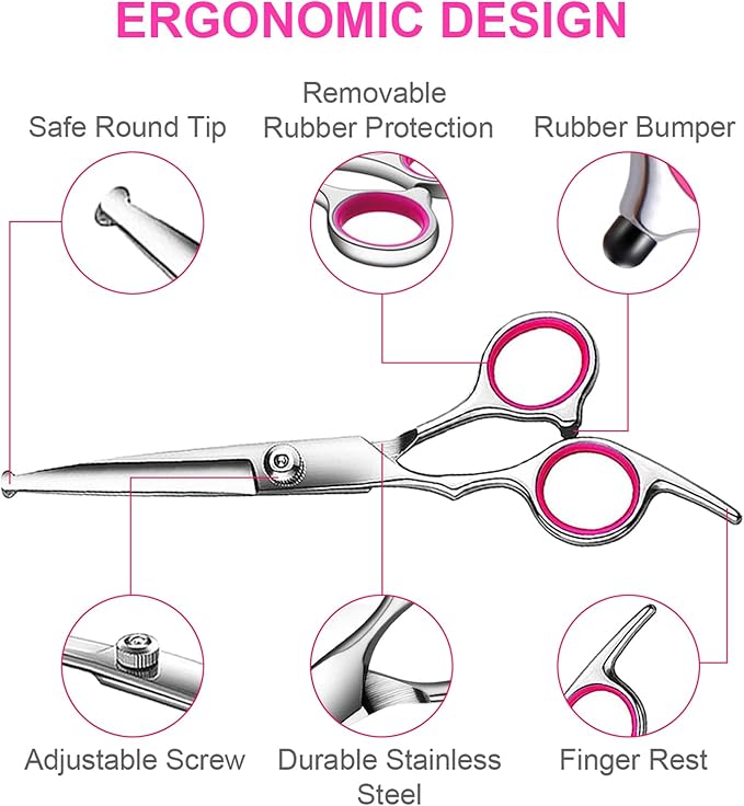 6 in1 Professional Dog Grooming Scissors Kit, Dog Shears for Grooming with Safety Round Tips, Titanium Coated Grooming Scissors for Dogs Cat Pet At Home-PurrikoPets