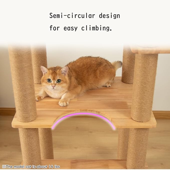 74.8" Wooden Cat Tree Tower for Large Cats, Multi-Level Cat Climbing Furniture with Scratching Posts, Cat Condo & Hammock, Natural Wood Cat Activity Center (Brown)-PurrikoPets