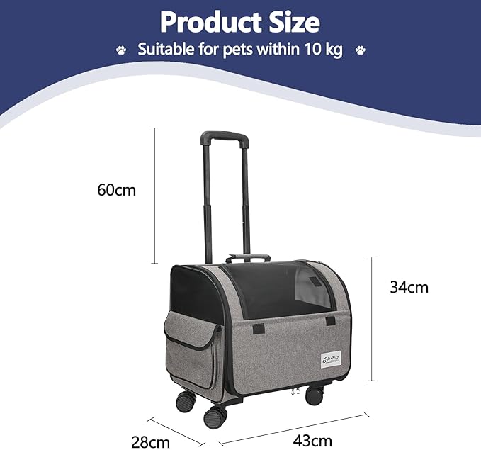 Dog Travel Bag with Removable Rolling Wheels, Airline Approved Pet Carrier, Foldable Cat Bag with Breathable Mesh, Pet Stroller(Grey)-PurrikoPets