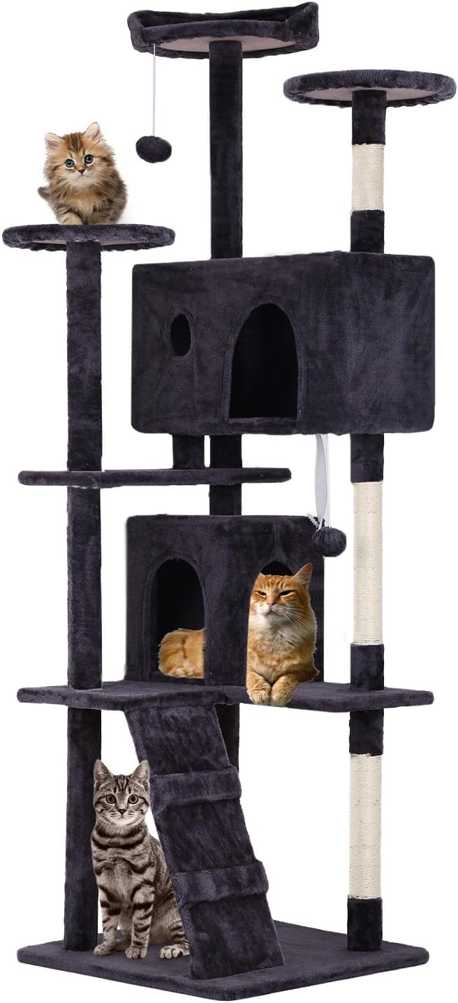 FDW Cat Tree 70in Cat Tower Multi-Level Durable Cat Scratching Post & Cozy Fun Cat Jumping Platform Space Saving Cat Condo Pet Play House for Indoor Cats,Ashy-PurrikoPets