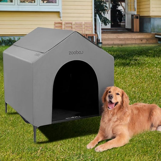 42” Outdoor Dog House for Large Breeds, Durable Large Dog Shelter with Weatherproof 600D PVC Canopy, Breathable 2x1 Textilene Fabric Elevated Dog Bed, XL Dog Kennel for Outside Use-PurrikoPets