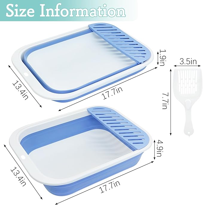 Fhiny Cat Litter Box Portable Shallow Litter Box 17.7"x13.4"x4.9" Foldable Cat Toilet with Scoop Open Kitty Potty Pan with Litter Drop Pedal Easy to Clean Travel Kitten Toilet(Blue)-PurrikoPets