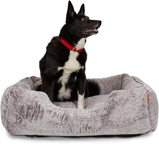 FUZI Luxury Aesthetic Dog Bed for Large Dogs with Washable Cover, Pet Couch, Pet Bed with Sides, Non-Slip Bottom, Soft and Durable Calming Dog Bed, Faux Fur Cover, Large 35.6x28.5x9.5 Light Grey-PurrikoPets