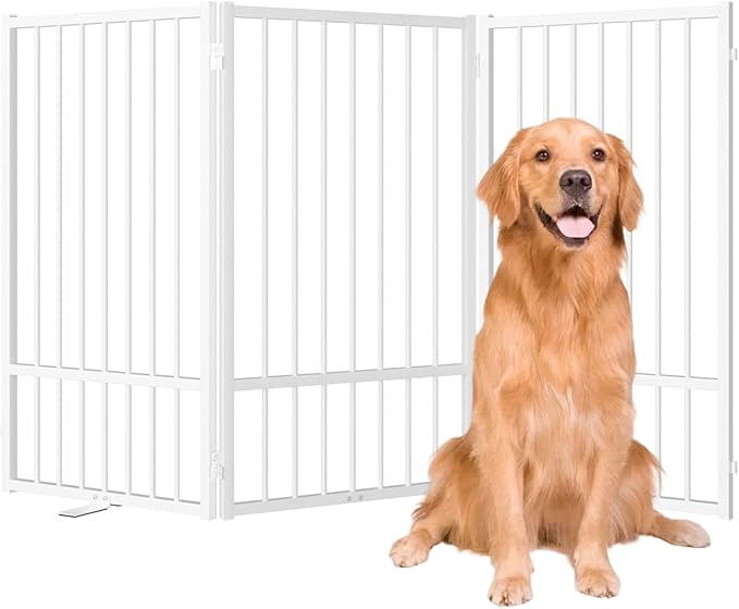 Full Metal Freestanding Dog Gate with Door, 32''Height Foldable Pet Dog Fence for Indoor & Outdoor, 3 Panels Extra Wide Free Standing TallDog Gates for Doorways,House,Stairs,Porch,Deck,Yard-PurrikoPets