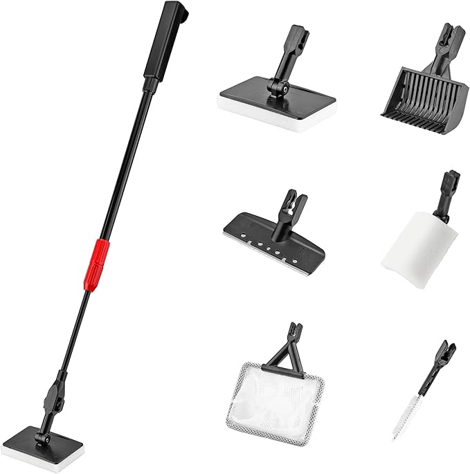 6 in 1 Aquarium Cleaning Tool Kit Fish Tank Algae Scraper, Sponge Pad, Fish Net, Gravel Rake and Cleaning Brush with Telescopic Long Handle-PurrikoPets