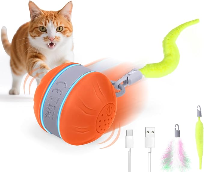 AIERSA Interactive Cat Toys for Indoor Adult Cats, Automatic Self-Play Cat Ball Toy for Kitten to Keep Them Busy, Electric Moving Chase Toy (Orange)-PurrikoPets