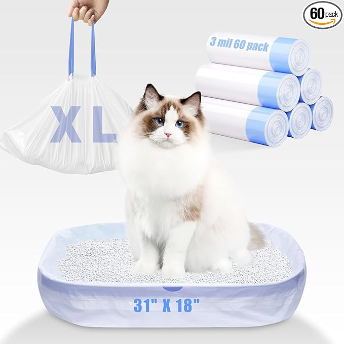 60 Pack Large Cat Litter Bags - 3MIL Extra Thick Leakproof Litter Box Liners, 31"x18" Heavy Duty Drawstring Cat Litter Liners for Automatic Litter Box, Odor Control Disposable Kitty Litter Bags 6 Roll-PurrikoPets