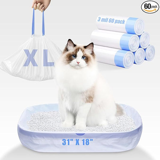 60 Pack Large Cat Litter Bags - 3MIL Extra Thick Leakproof Litter Box Liners, 31"x18" Heavy Duty Drawstring Cat Litter Liners for Automatic Litter Box, Odor Control Disposable Kitty Litter Bags 6 Roll-PurrikoPets