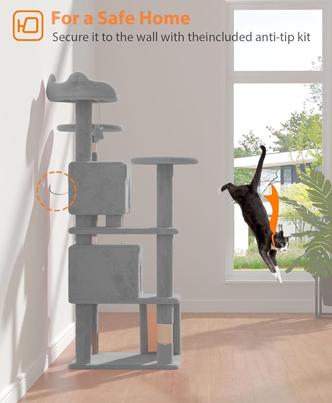 54" Cat Tree Tower for Indoor Cats Large Adult,Cute/Tall Modern Cat Tree for Big Cats 20 lbs, Plush Multi-Level Cat Condo with Scratching Posts, Dangling Ball for Fun (Light Gray, 54 inch)-PurrikoPets