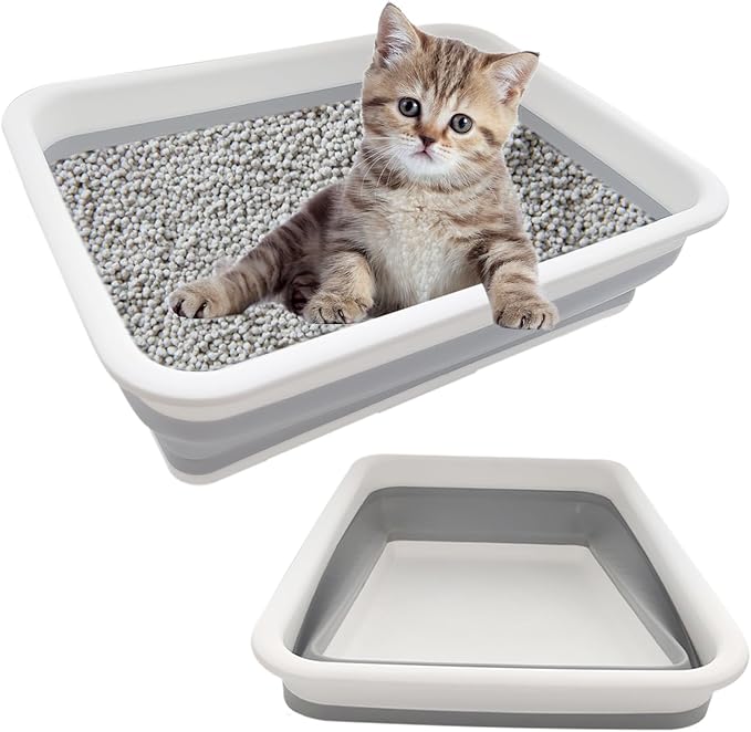 2 Pack Collapsible Small Cat Litter Box, Open Kitten Litter Potty Pan Low Entry Pet Kitty Toilet Foldable Waterproof Travel Toilet for Sick Frail Kitty 14.6 x 10.6 x 4.8 inches Grey-PurrikoPets