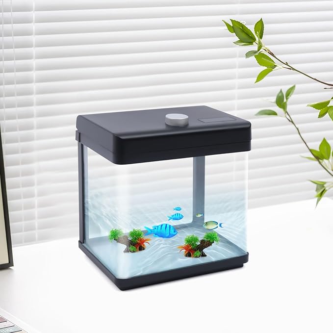 1.5 Gallon Fish Tank Starter Kits, Low Noise Betta Fish Tank with Fil-TER LED Light Submersible Pu-mp, Glass Small Fish Tank Smart Aquarium kit with Dimmer Button Water Temperature Display-PurrikoPets