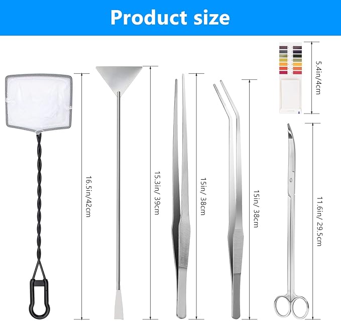 7 in 1 Aquarium Aquascape Tool Kit 15 inch, Aquatic Plant Extra Long Aquascaping Tool for Aquarium Fish Tanks Clean Accessories Set with Silver Tweezer Scissor Spatula, Fish Net, PH Paper, Bag-PurrikoPets