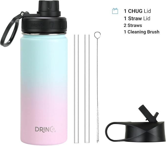 DRINCO Stainless Steel Water Bottle Spout Lid Vacuum Insulated Double Wall Water Bottle Wide Mouth (40oz 32oz 22oz 18oz 14oz) Leak Proof Keeps Cold or Hot (18 oz, 18oz Macaron)-PurrikoPets