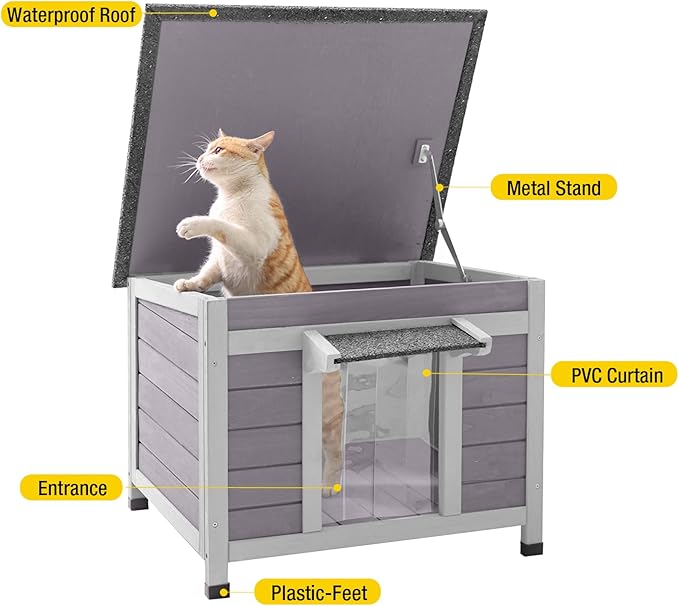 Aivituvin Cat House Waterproof Feral Kitty Shelter Outdoor Indoor Rabbit Hutch for Bunnies,Cats,Dogs and Other Small Animals,Asphalt Roof-PurrikoPets