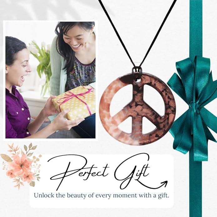 BESHEEK Murano Inspired Peace Sign Blown Glass Lampwork Art Pendant Necklace for Women Handcrafted Artisan Hypoallergenic Italian Style Jewelry