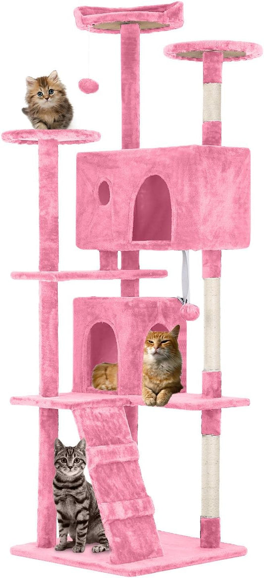 FDW Cat Tree 70in Cat Tower Multi-Level Durable Cat Scratching Post & Cozy Fun Cat Jumping Platform Space Saving Cat Condo Pet Play House for Indoor Cats,Pink-PurrikoPets
