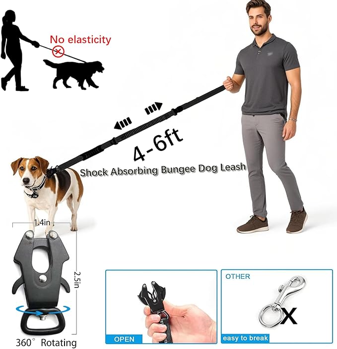 4-6FT Heavy Duty Dog Leashes for Large Dogs, Shock Absorbing Bungee Tactical Leash with 2 Padded Handle, Car Seatbelt and Metal Carabiner Clip, Strong No Pull Dog Leash for Medium-PurrikoPets