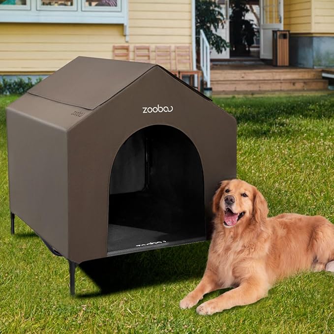 42" 2-in-1 Dog House for Medium Dogs, Elevted Dog House Outdoor/Indoor, Puppy Shelter Outside,Water Resistant 600D PVC and Durable 2x1 Textilene Raised Dog Bed(Brown)-PurrikoPets