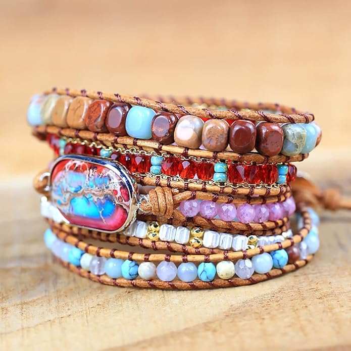 ZOSOJONA Women Wrap Bracelet Boho Natural Jasper Crystal Stone Beads Strand Bracelets