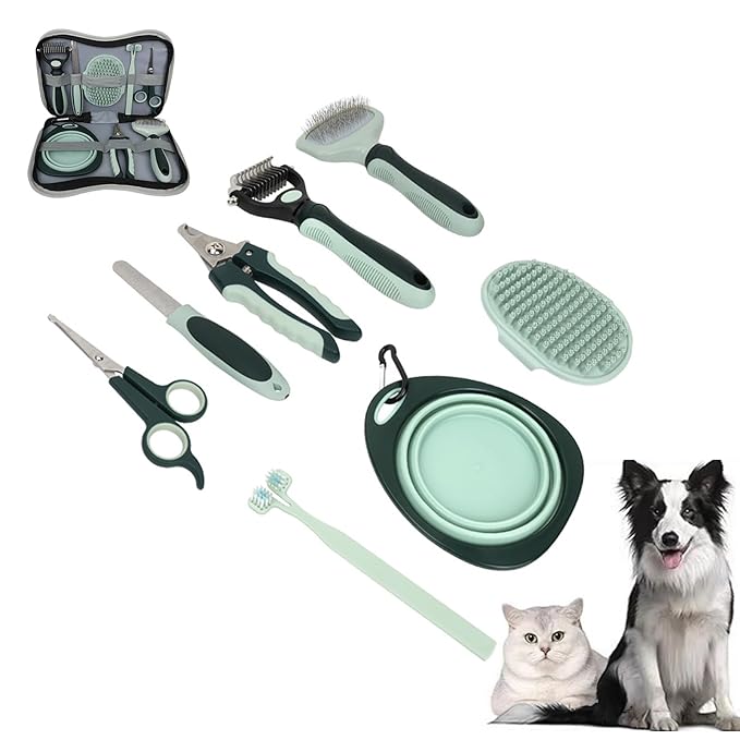 8-in-1 Pet Grooming Kit for Dogs & Cats - Includes Slicker Brush, Nail Clippers, Comb, Scissors, Toothbrush & Collapsible Bowl - Deshedding, Hair Trimming & Care Set, Travel Bag-PurrikoPets
