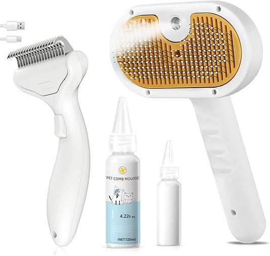 3-in-1 Pet Steam Brush Set for Dogs & Cats, Grooming Comb with Spray, Defur Tool, Water-Assisted Hair Removal, Spritz Brush, Multi-Purpose Kit, Undercoat Rake, Deshedding Brushes, Dematting Brush.-PurrikoPets