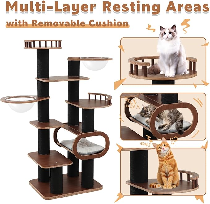 70.9'' Black Cat Tree for Indoor Cats Large Adult, Heavy Duty Cat Tower with Scratching Post, Modern Kitty Tree with Removable Mats, Semi-closed Condo and Transparent Bowl, Wooden Luxury Cat Furniture-PurrikoPets