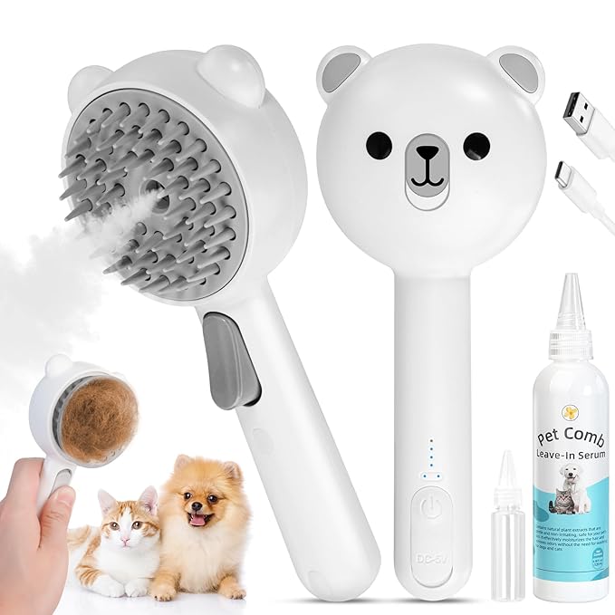 4 in 1 Pet Steam Brush for Cat & Dog, Cat Steam Brush for indoor Cats, Self Cleaning Shedding & Grooming Tool with Waterless Shampoo, Pet Spray Hair Removal Comb with Release Button & Water Tank-PurrikoPets